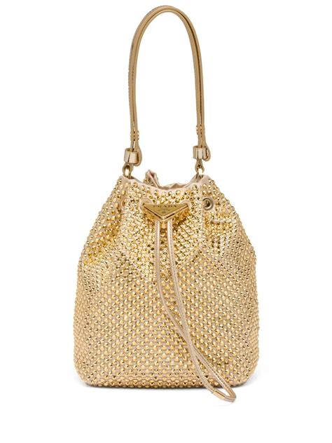 Prada Gold Tone Crystal Embellished Bucket Bag